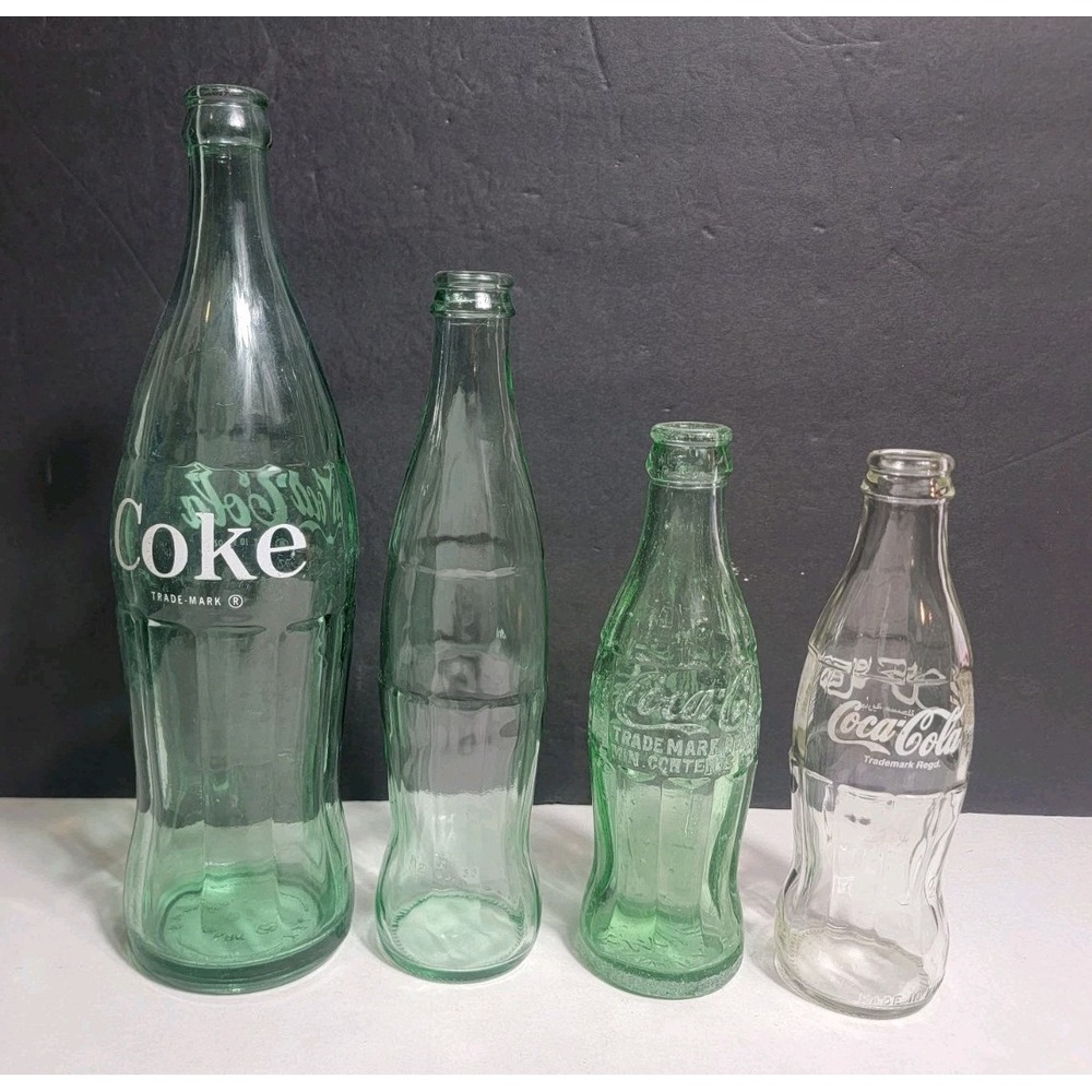 Vintage Green Coca Cola Soda Bottles 16oz 10oz 192mL Lot of 4 1960s Mixed